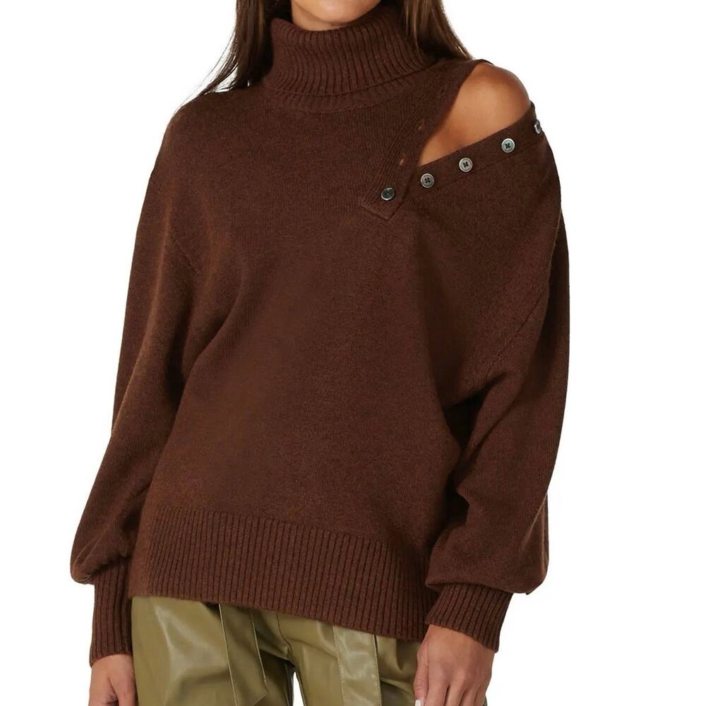Marissa Webb Blake Button Cashmere Blend Turtleneck Sweater Brown Sz Medium
